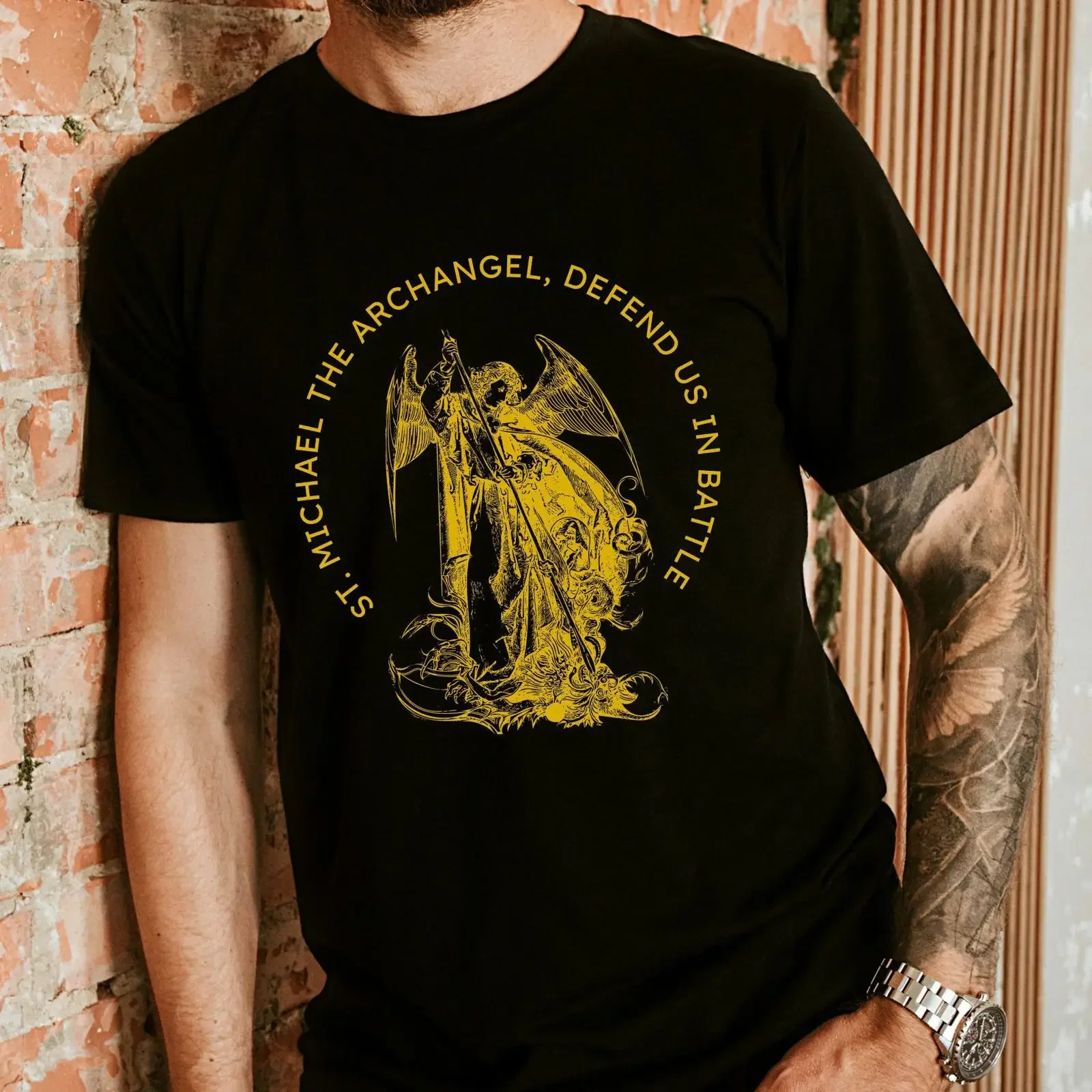 Men's St Michael the Archangel Prayer T Shirt Catholic Religious Defend Us in Battle Casual vintage Washed homme