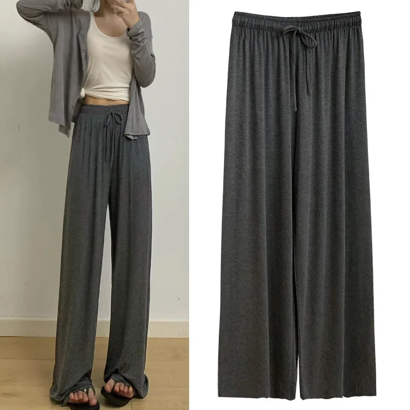 

Women's Loose Summer Pants Soft Ice Silk Ankle-Length Black Wide Leg Pants Grey Khaki Women High Waisted Trousers