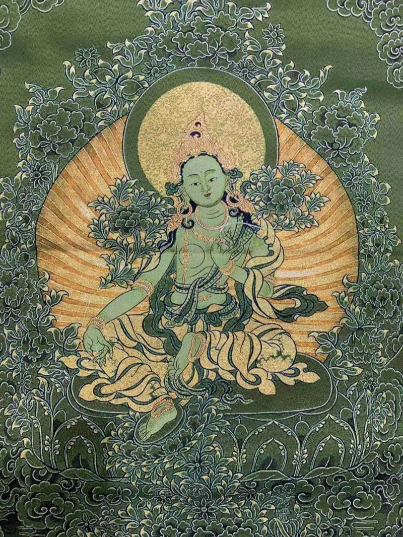 Chinese Exquisite Thangka Embroidery Green Tara Bodhisattva Hanging Painting Silk Cloth Painting Decorative Painting Mural