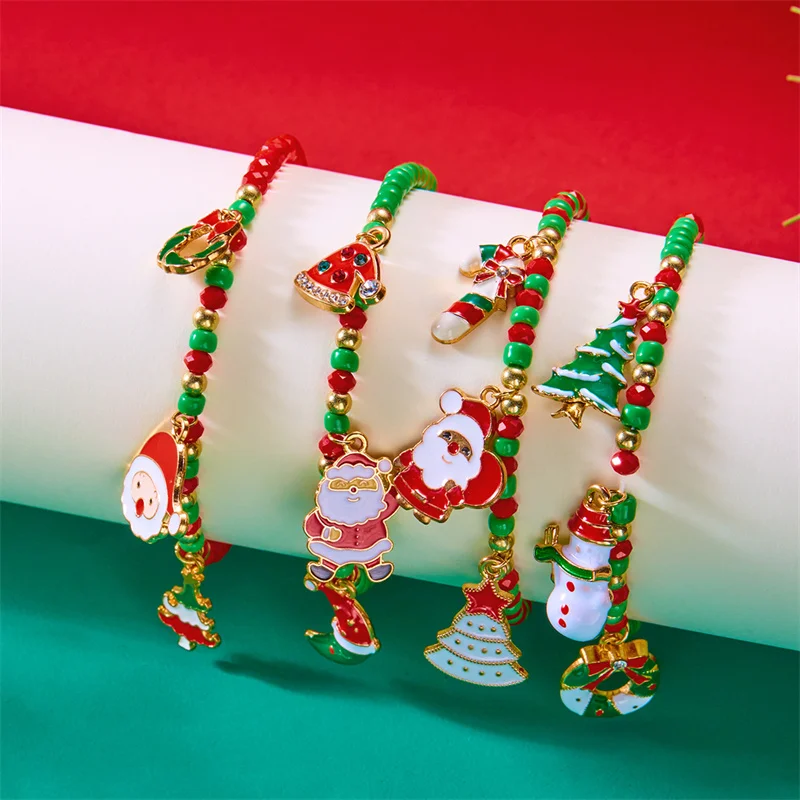 Christmas Multicolor Rice Beads Beaded Bracelet For Women Santa Claus Xmas Tree Snowman Crutch Wreath Pendant Bracelets Jewelry