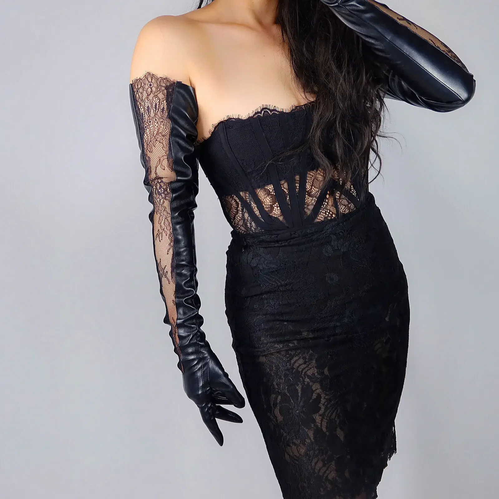 Women's LONG Leather Lace GLOVES Black Faux PU 28