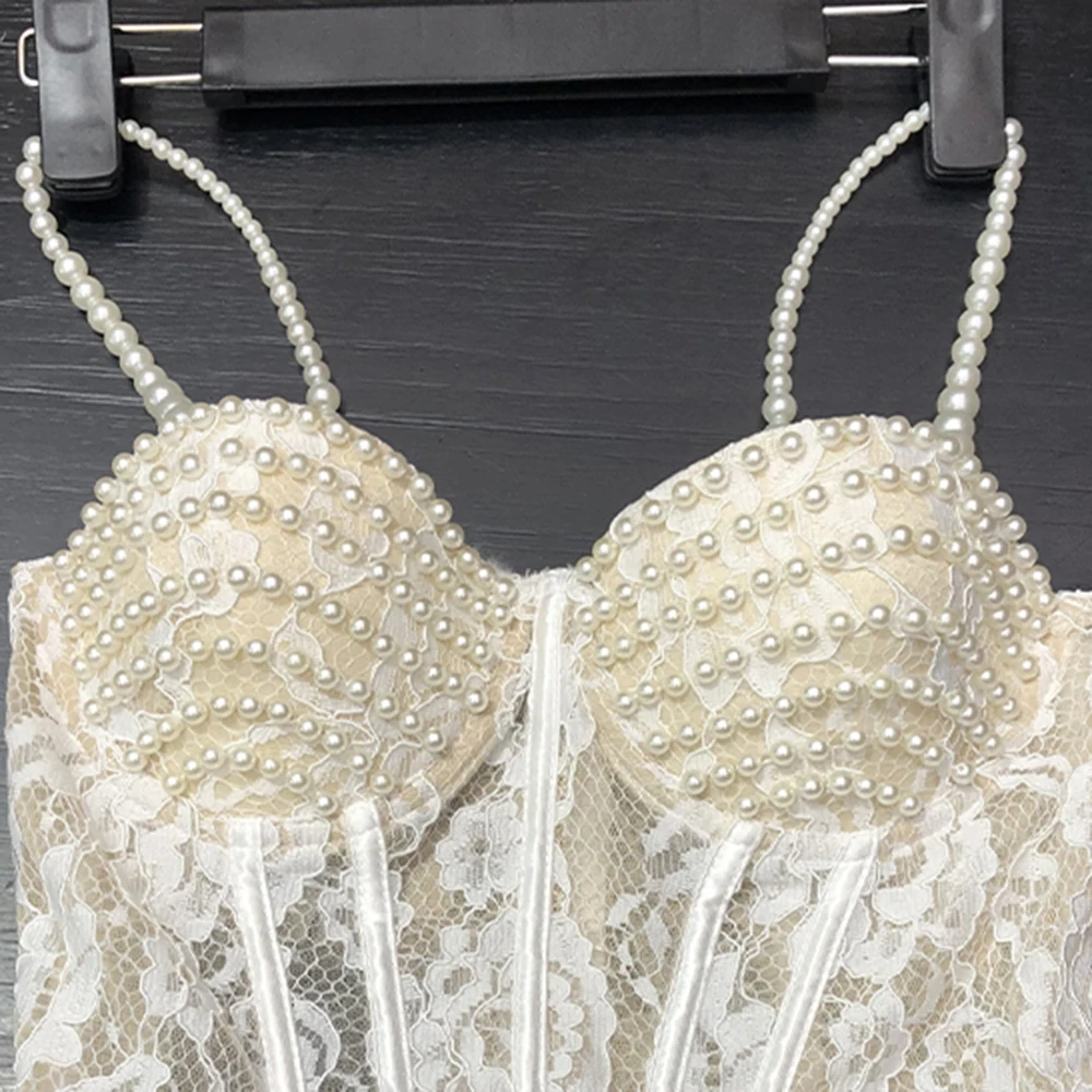 TWOTWINSTYLE French Romantic Date White Lace Pearl Bustier Corset for Women Pearl Accent Sheer Design for Bridal Looks KVE561129