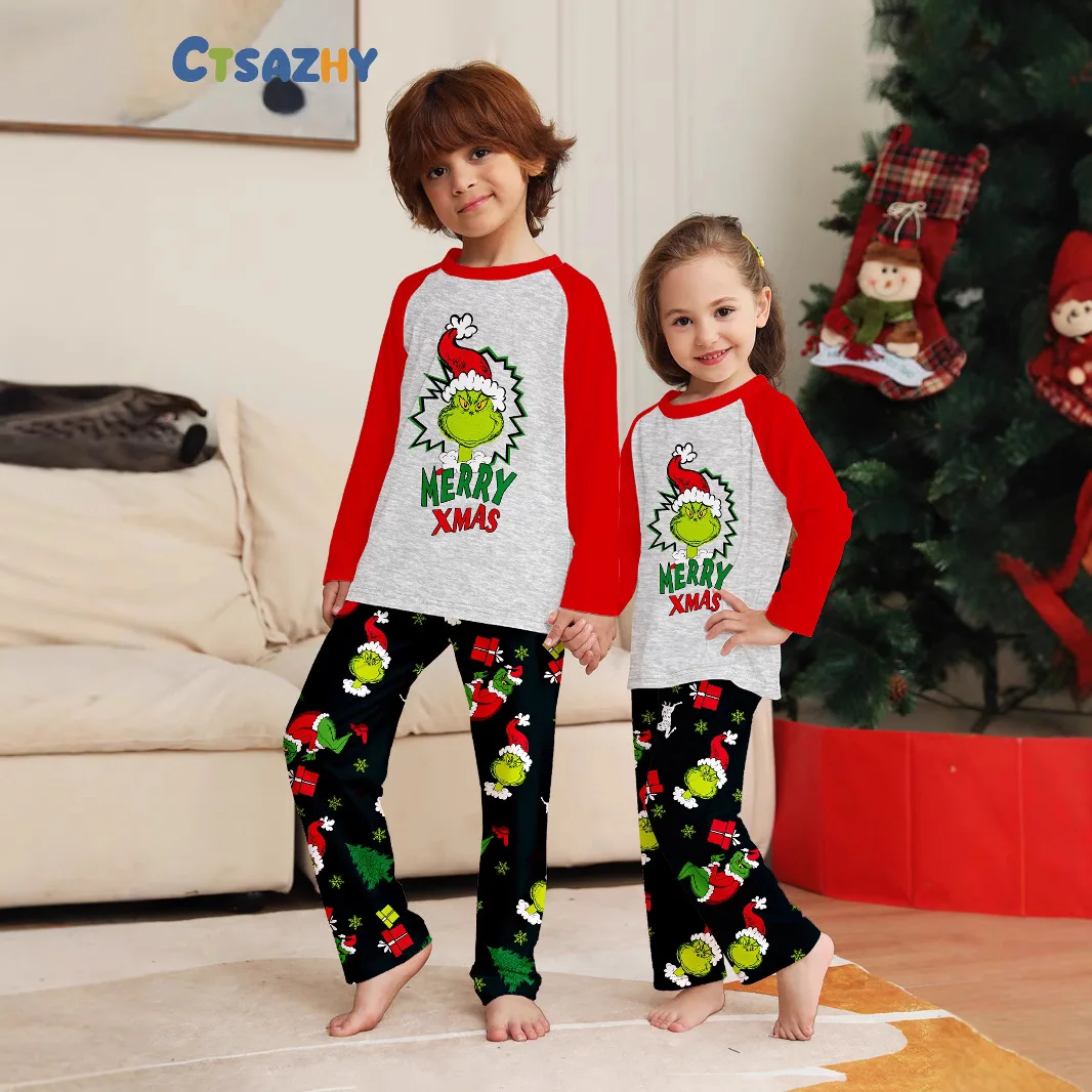 

Christmas family clothing, 2-piece set of autumn and winter Christmas home wear and pajamas for a family of three