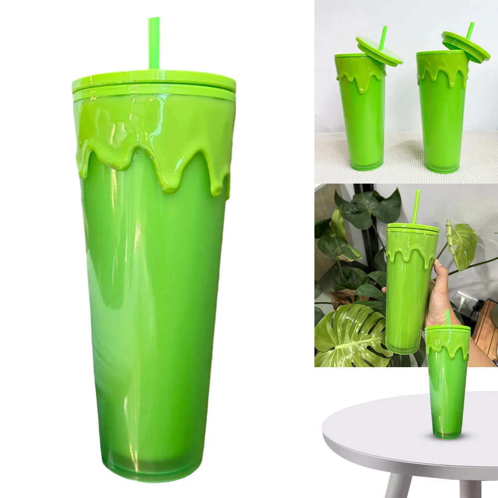 24oz/710ml Lava Halloween Theme Plastic Cup Double Layer Slime Green Glow In The Dark Tumbler Cup Coffee Cup with Straw&Lid