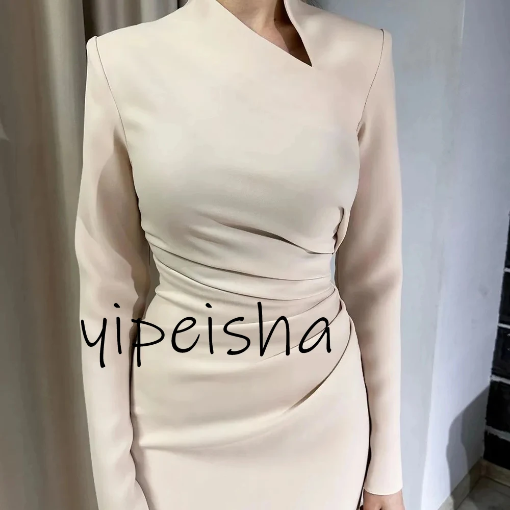 Customized Fashion Elegant High Neck Jersey Evening Dresses Straight Long Sleeves Ruched Ankle Length Formal Party Dresses