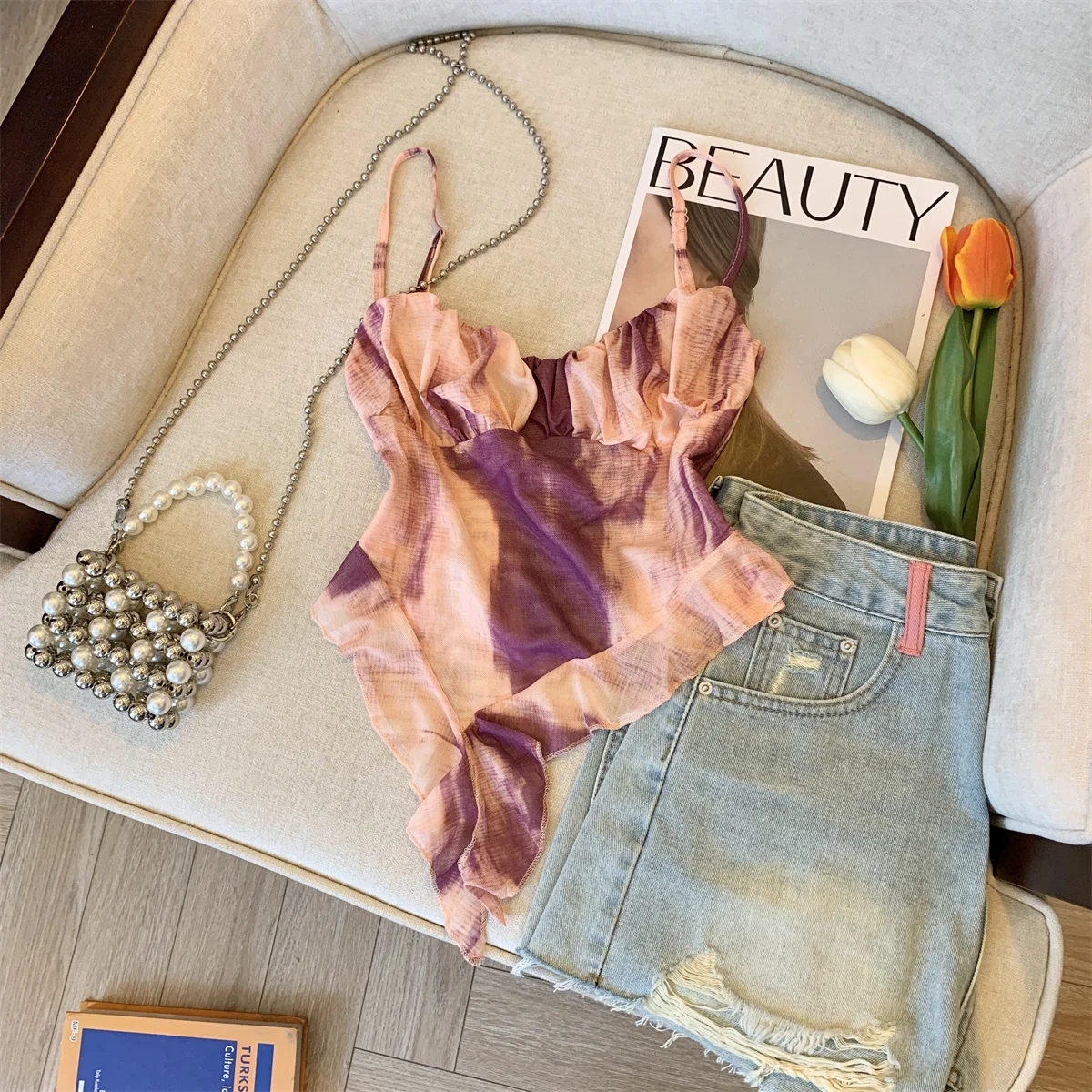 2026 جديد الصيف التعادل مصبوغ مطبوعة المرقعة الكشكشة غير النظامية سترة بلا أكمام شبكة عارية الذراعين سترة الحمالة