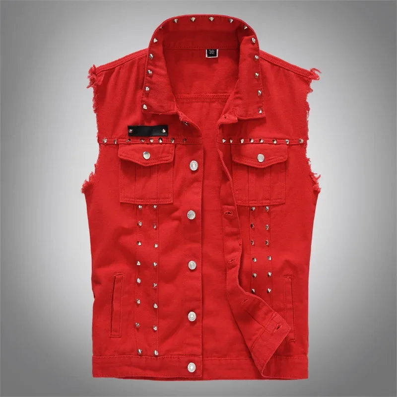 Chalecos de mezclilla para hombre, chaqueta con remaches empalmados, abrigos sin mangas con cuello vuelto, chaquetas ajustadas con botones y bolsillo de empalme Regular informal