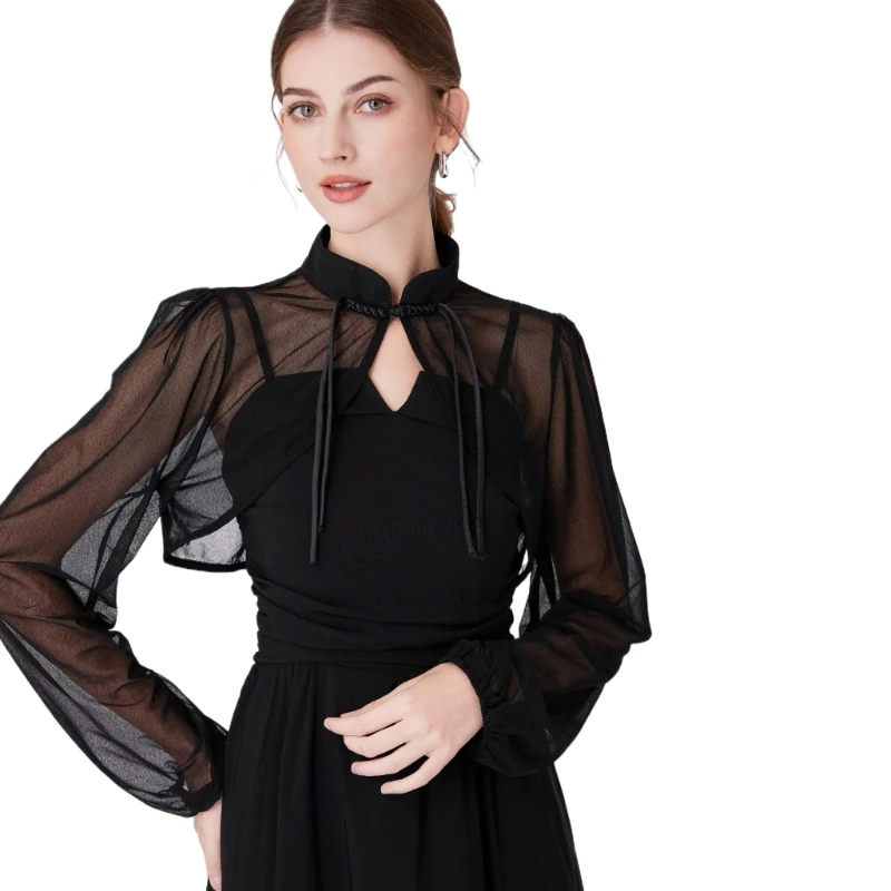 Black Tulle Long Sleeve Shawl Collar Traditional Chinese Collar Simple Shawl Breathable Tulle for Camisole Dress