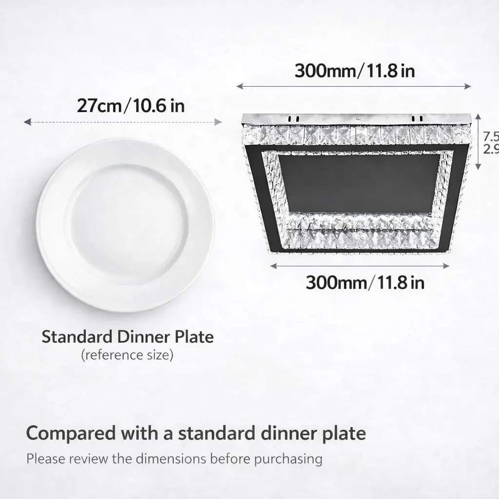 30cm Square Crystal Chandelier, Dimmable LED Recessed Ceiling Light