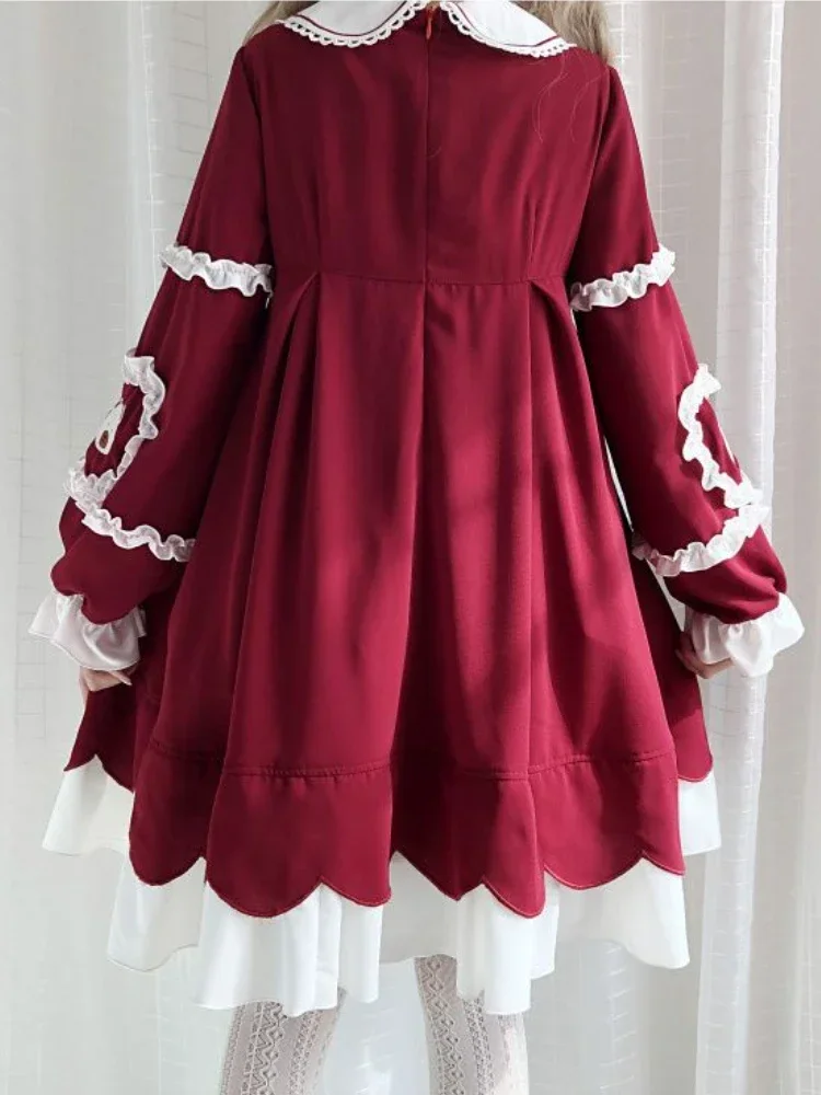 Christmas Kawaii Lolita Dress New Year 2024 Red Embroidery Japanese Sweet Dress Female Bow Lantern Sleeve Vintage France Dress