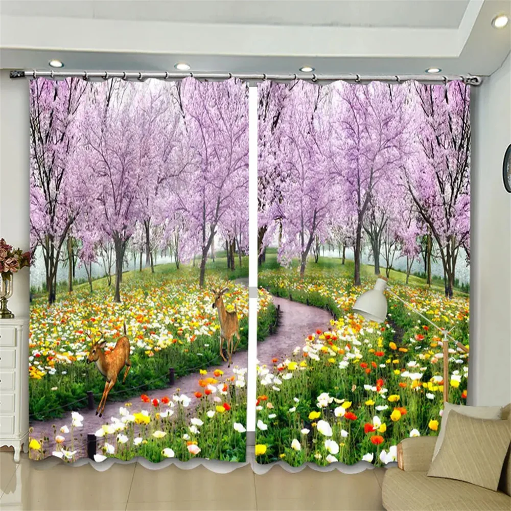 

Nature Scenery Pink Cherry Flower Tree Garden Window Curtains For Living Room Kids Bedroom Bathroom Kicthen Door Home Decor 2Pcs