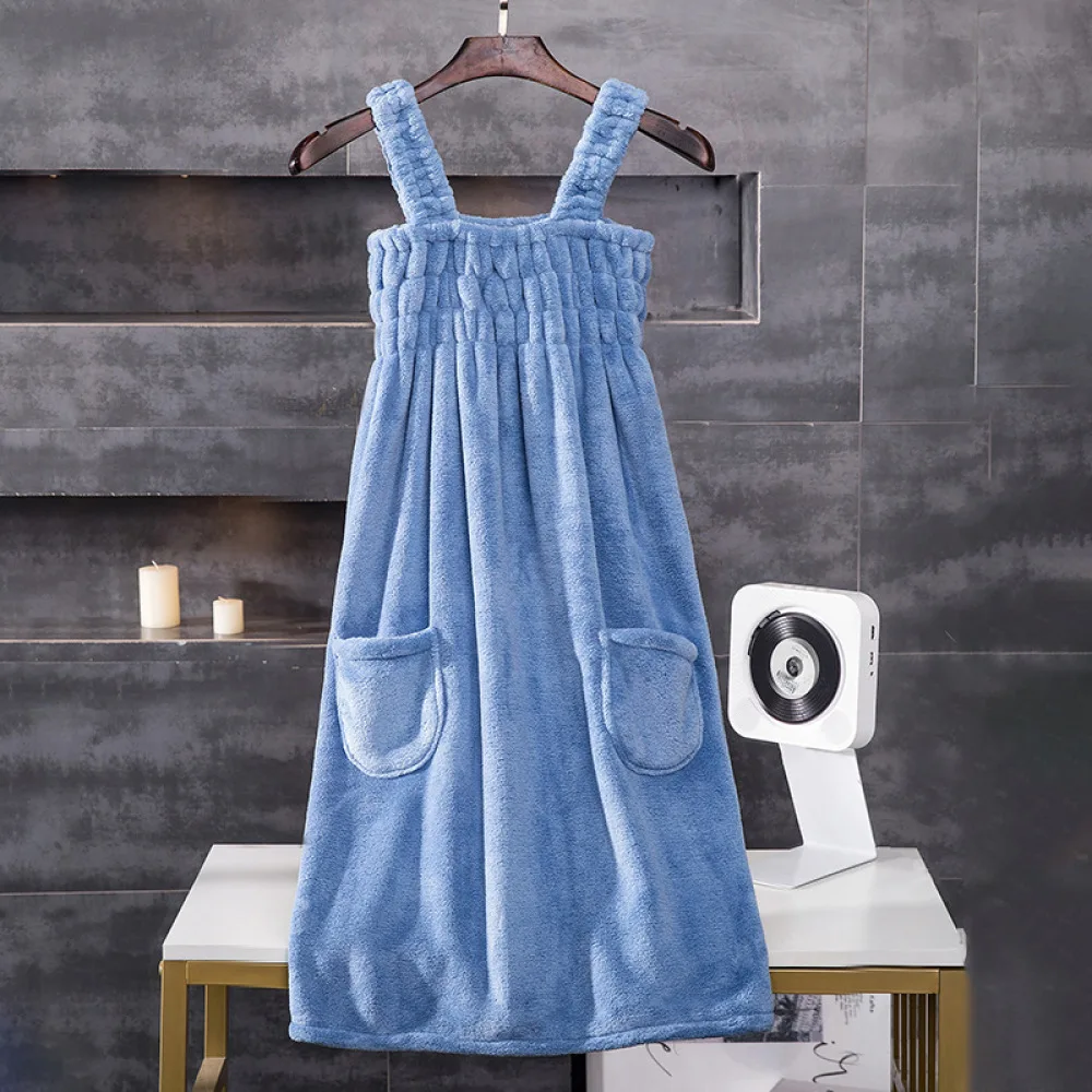 Absorbent Wearable Shower Wrap Dress Thick Coral Fleece Bath Robe With Pockets Soft Spa Towel For Women Home Living