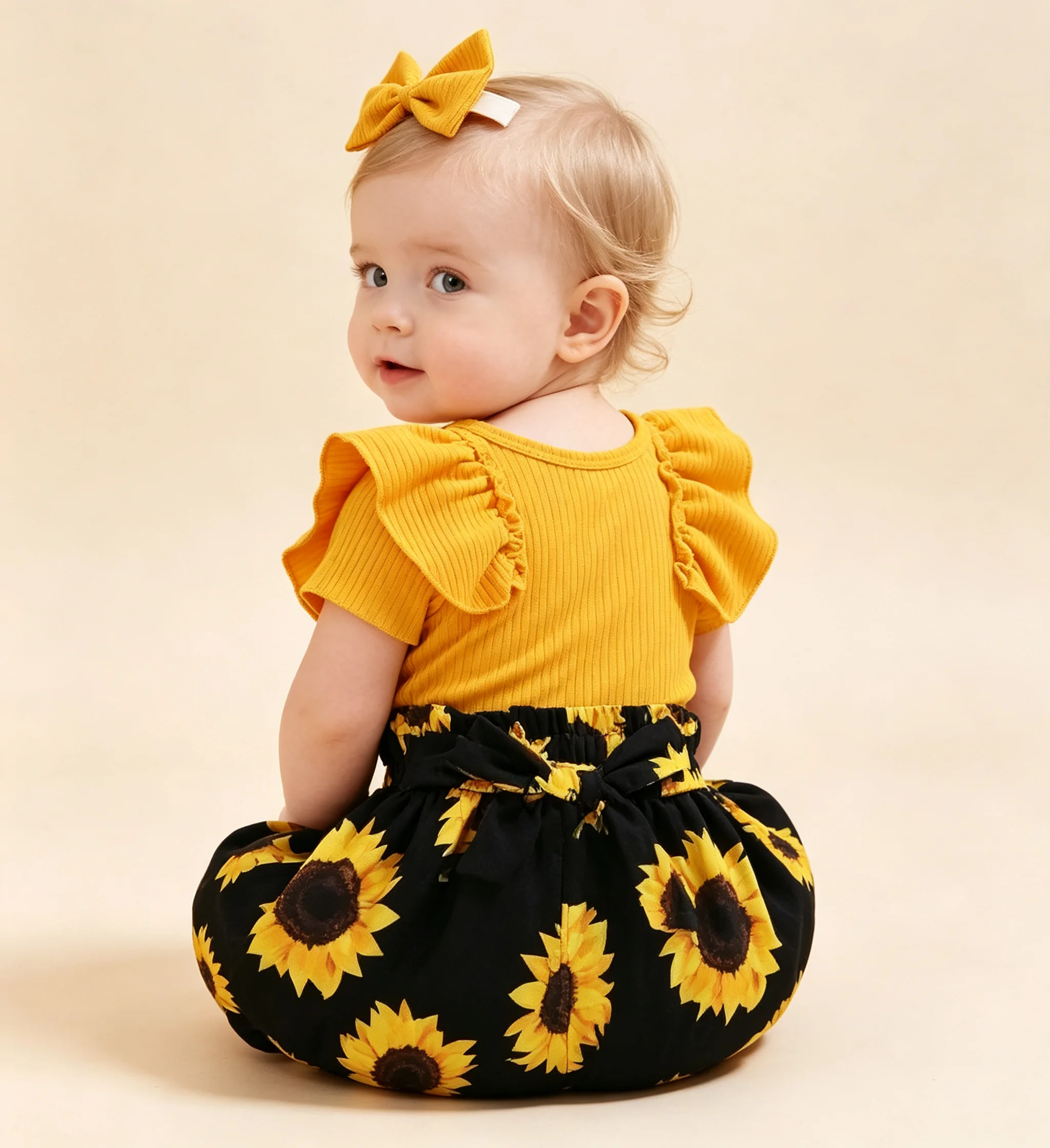 Baby Girl 3pcs Clothes Set Ruffled Romper + Sunflower Print Shorts + Bow Headband Set For Infant Girls