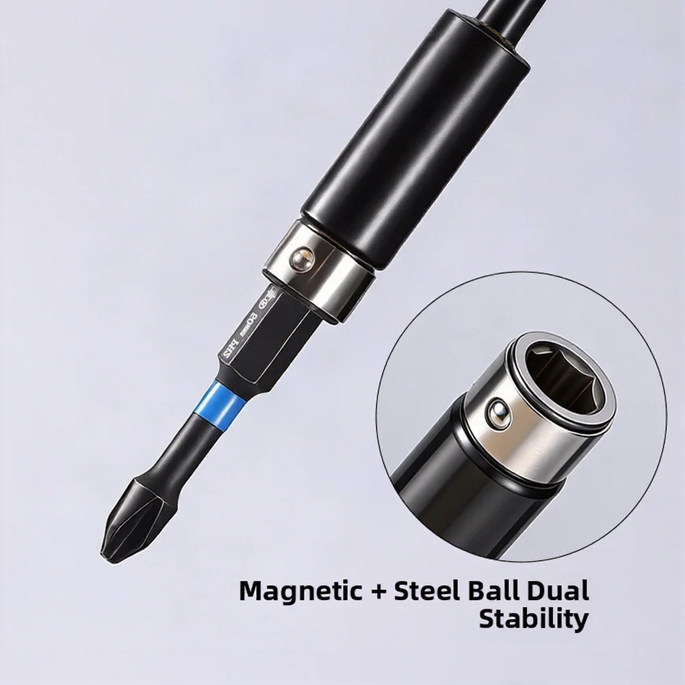 

Quick swap hex socket connector for screwdriver bits featuring magnetic retention precise concentricity and steel body