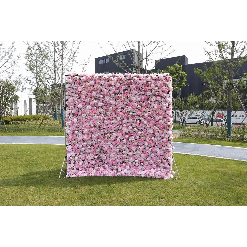 

FSDKX Custom Wedding Decor Pink Large Silk Rose Head Flower Walls Backdrop Panel 3d Roll Up Fabric Cloth Artificial Flower Wall