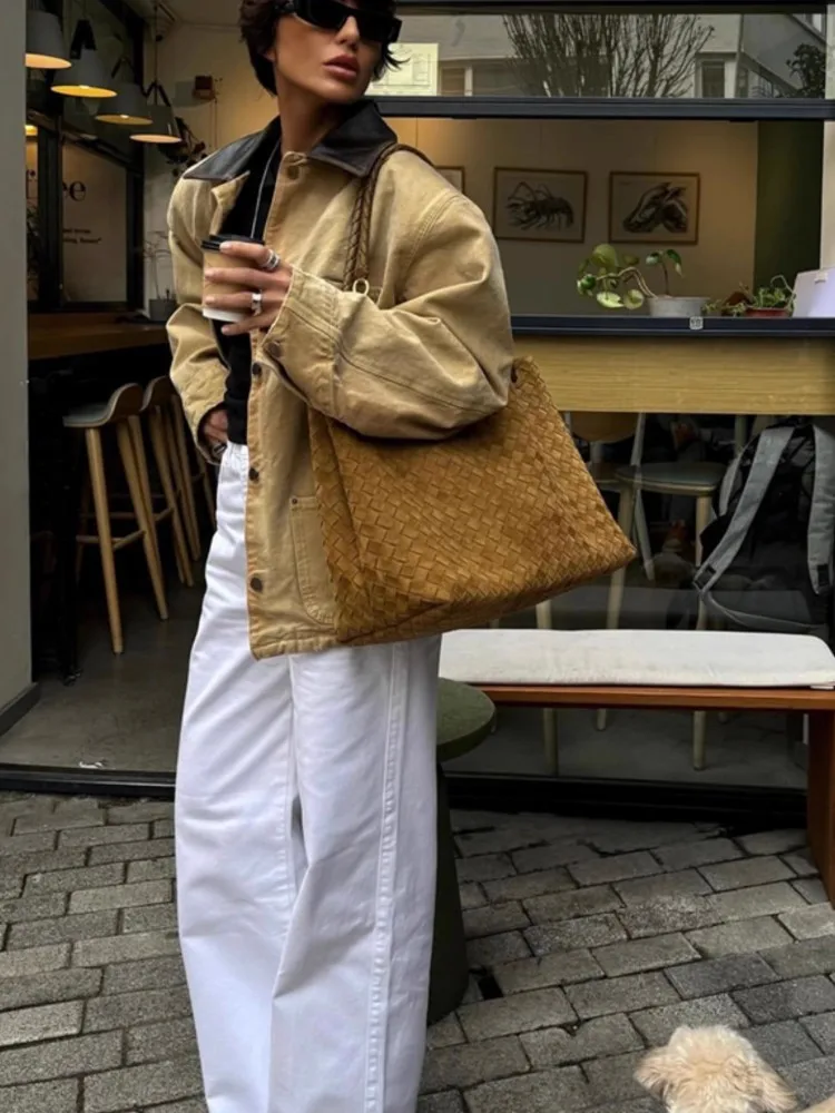 جديد ملابس العمل نمط جلد البقر تقسم الدنيم الرجعية المرأة سترة متعددة جيب معطف الخريف الشتاء شيك السيدات فضفاضة تناسب ملابس خارجية