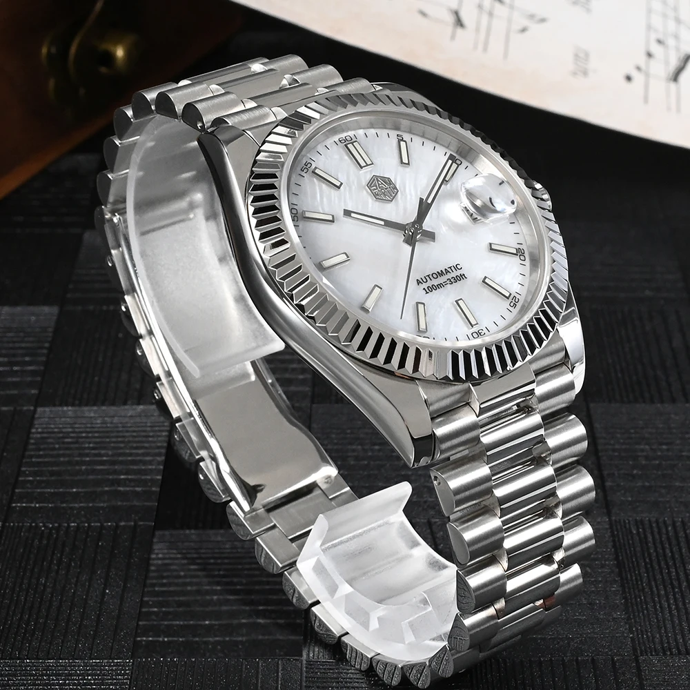 San Martin 40mm PT5000 Men Watch Automatic Mechanical Luxury Business Watches Vintage MOP Dial Sapphire Carve Fluted Bezel 10Bar