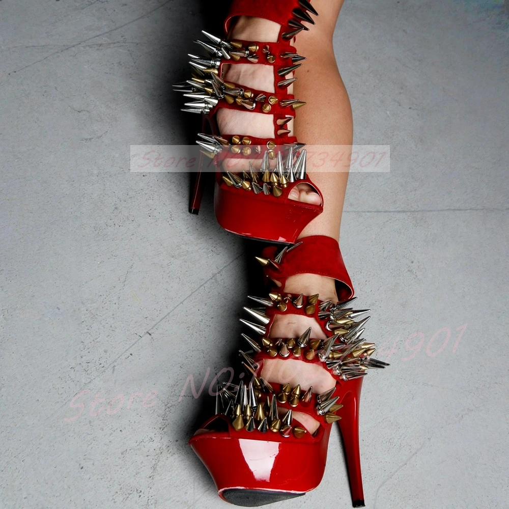 Spikes Studs Red Hollow Boots Women Patent Platform Peep Toe Stilettos Heels Sandals Twotone Metal Rivet Punk Nightclub Sandals
