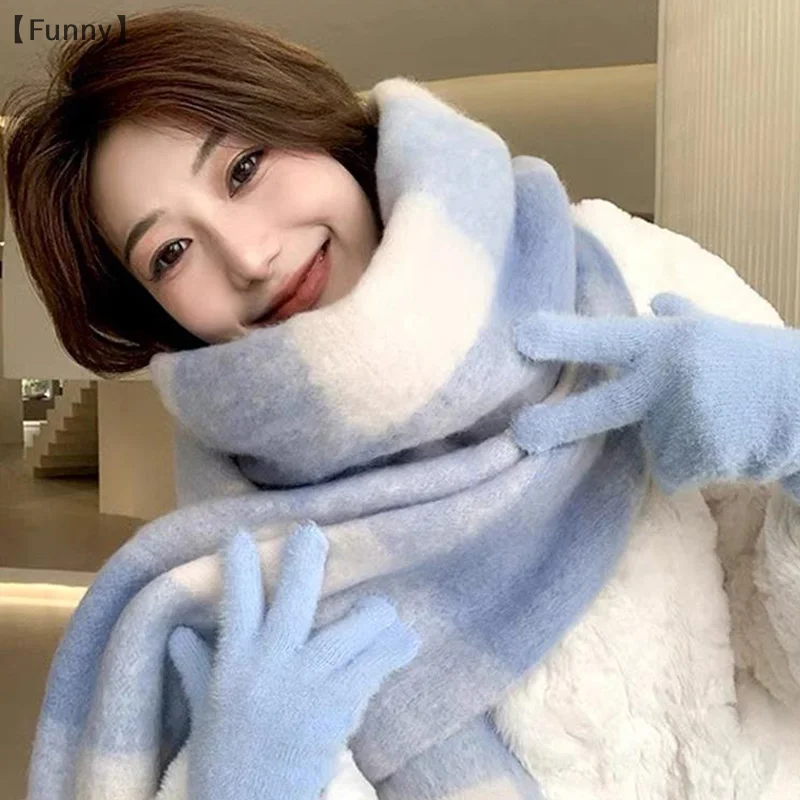 [مضحك] وشاح نسائي جديد لخريف/شتاء على الطراز الكوري شال منقوش متعدد الاستخدامات سميك دافئ طويل من القطيفة لتدفئة الرقبة