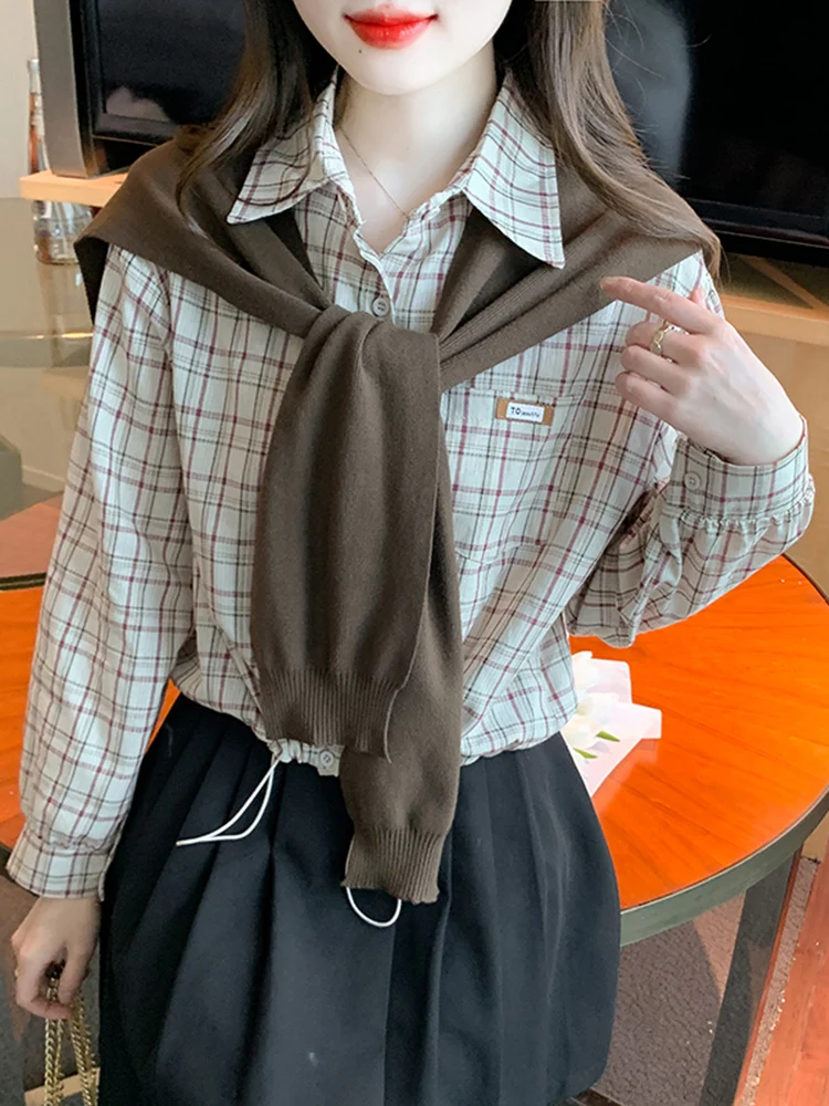 Set Due Pezzi a Quadri alla Moda per Donna, Autunno Inverno, Maglia a Maniche Lunghe Foderata, Stile Coreano