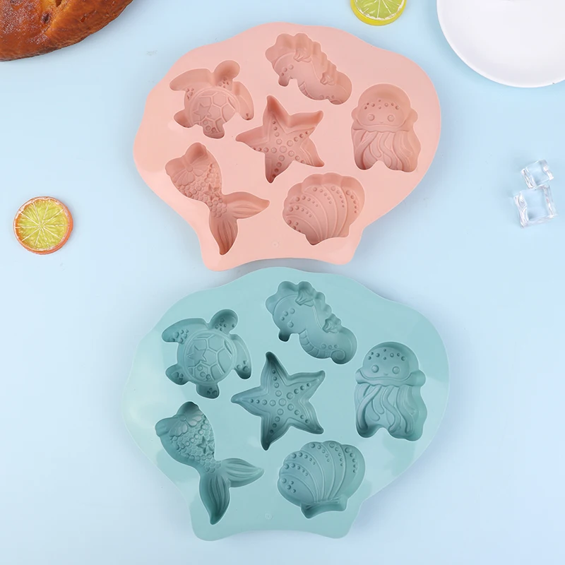 6 Grids Ocean Creatures Silicone Cake Mold DIY Shell Mermaid Tail Seahorse Starfish Chocolate Fondant Mould Baking Decoration