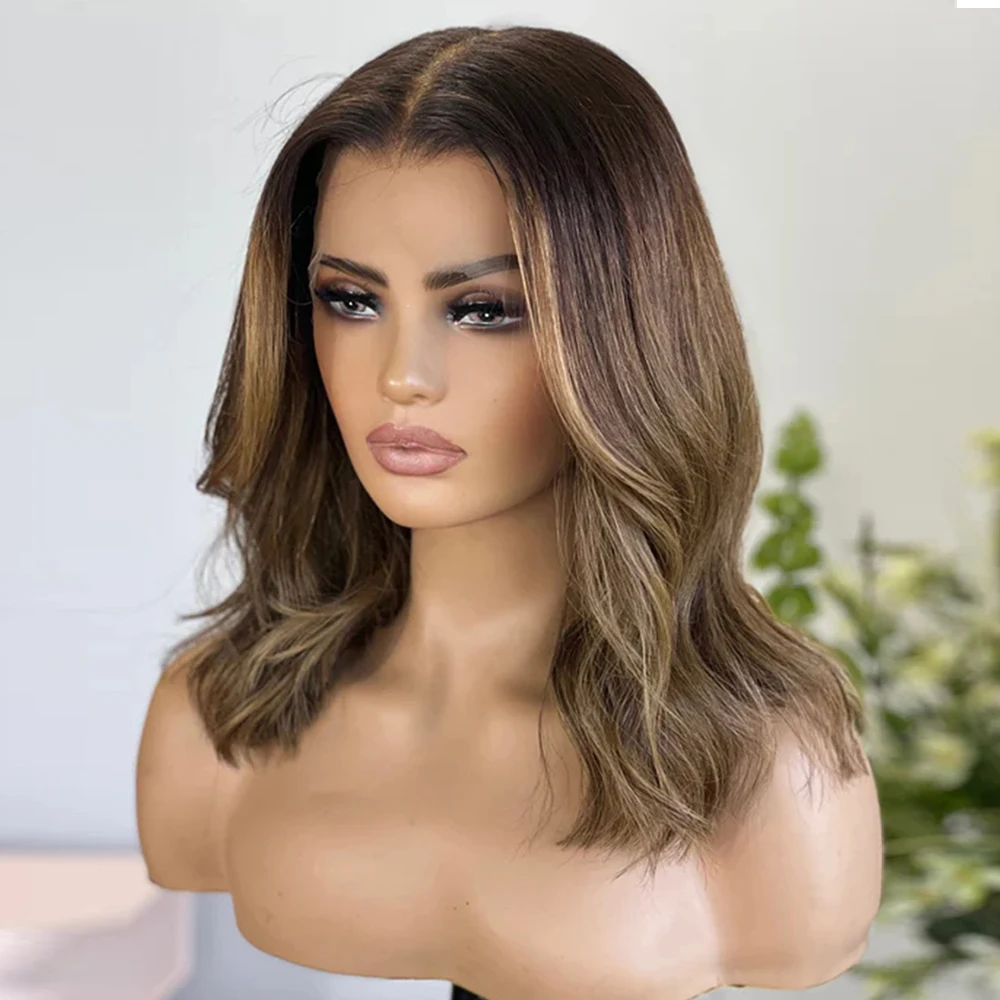 

Синтетический парик с кружевной передней частью 13x4, коричневый с блондом, с центральным пробором, короткий волнистый боб, реалистичный, естественный вид, размеры шапочки S-L