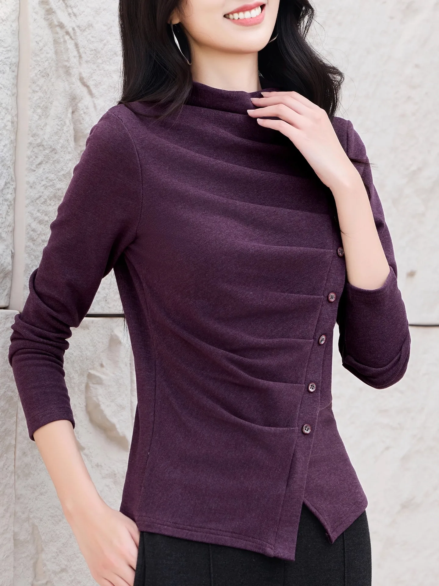 New Women Autumn Winter Irregular Design T-shirt Fashion Half High Collar Slim Waist Asymmetric Tees Casual Daily T-shirt Female