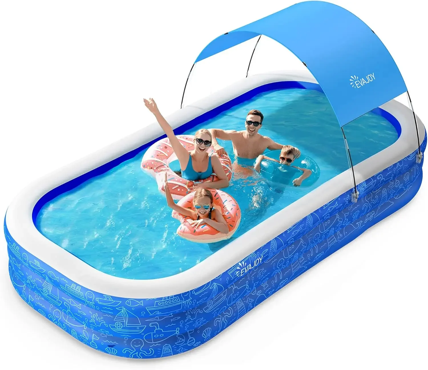 

Large Inflatable Swimming Pool With Canopy Kids Adults Backyard Garden Sun Shade Blow Up Pool Age 3 Plus Blue
