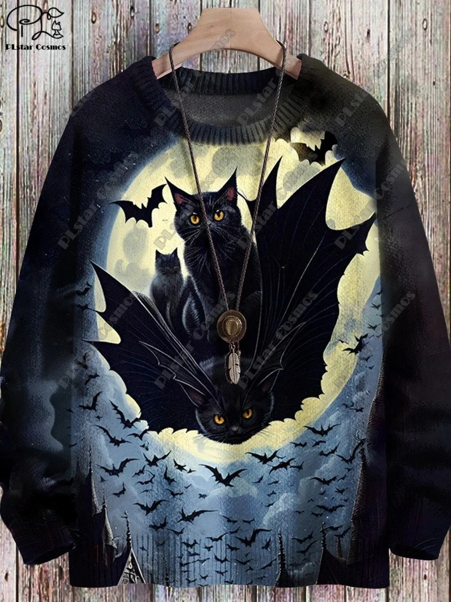 Unisex Halloween Sweater com Impressão 3D, Moletom Casual, Bruxa, Crânio, Gato, Corvo, Abóbora, Feio, Bruxa, Inverno, W-2