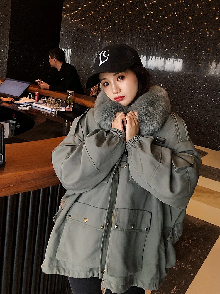 Jaket Parka Wanita Musim Dingin 2023 dengan Bulu Dapat Dilepas Asli Rex Bulu Kelinci Liner Mantel Wanita Kerah Bulu Rubah Streetwear Wanita