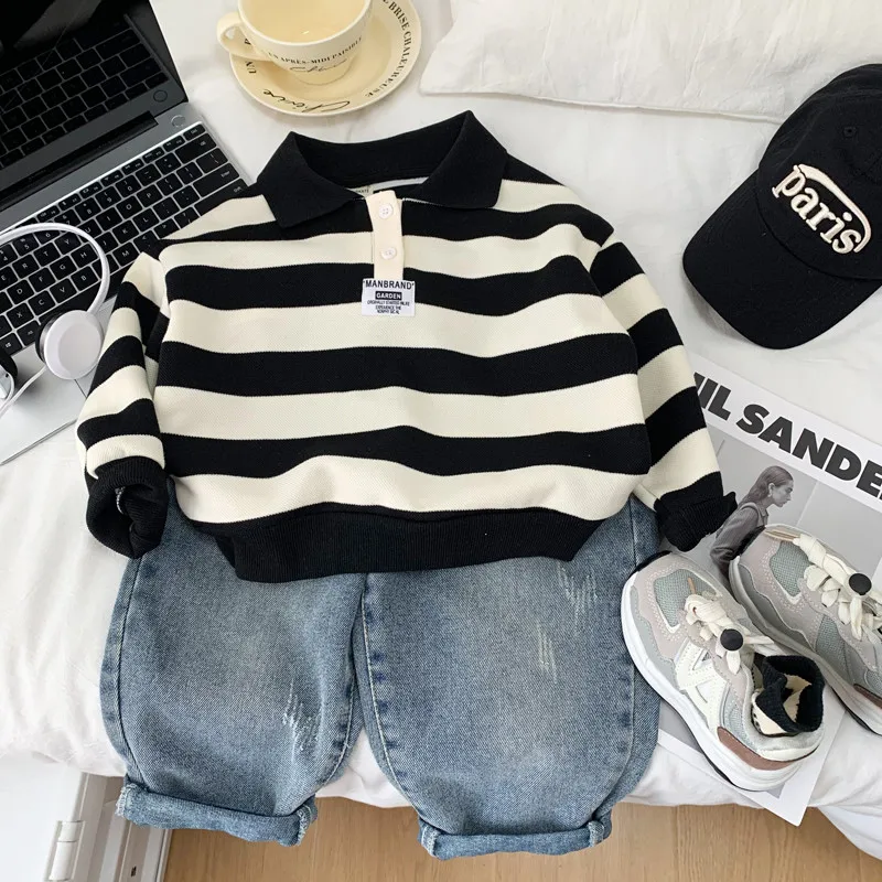

Spring and Autumn Children's Long Sleeve Polo Shirt Fashion Boys' Collar Stripe Pullover Top 2 4 6 7 10 12Y