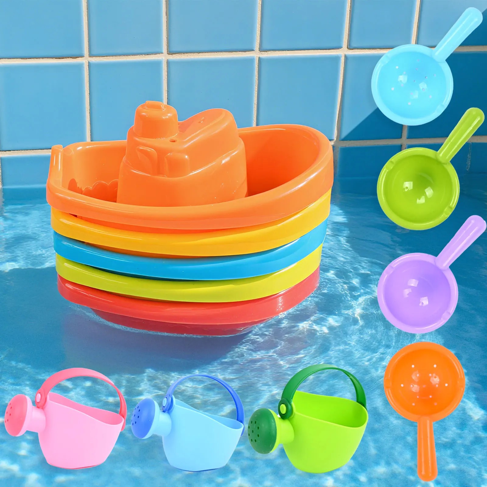 Brinquedos de banho infantis, barcos empilhados, regadores multicoloridos, colheres de banho interativas para pais e filhos, barcos de praia, colheres com vazamento