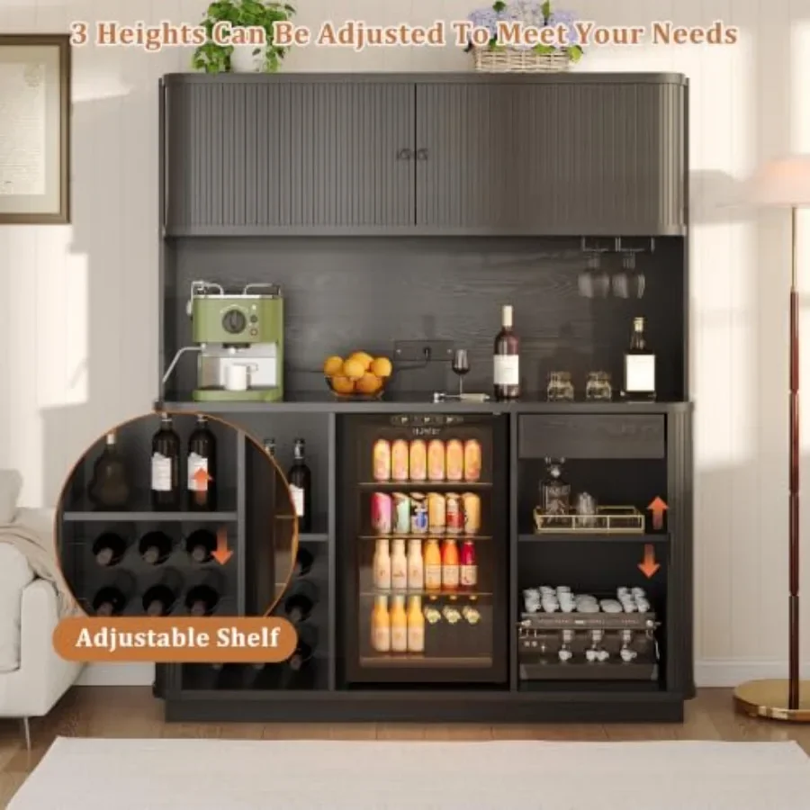 70.8" Tall Fluted Coffee Bar Cabinet with Mini Fridge Space, Modern Bar Cabinet with Fridge Space, Power Outlet and Drawer, Win - view 4