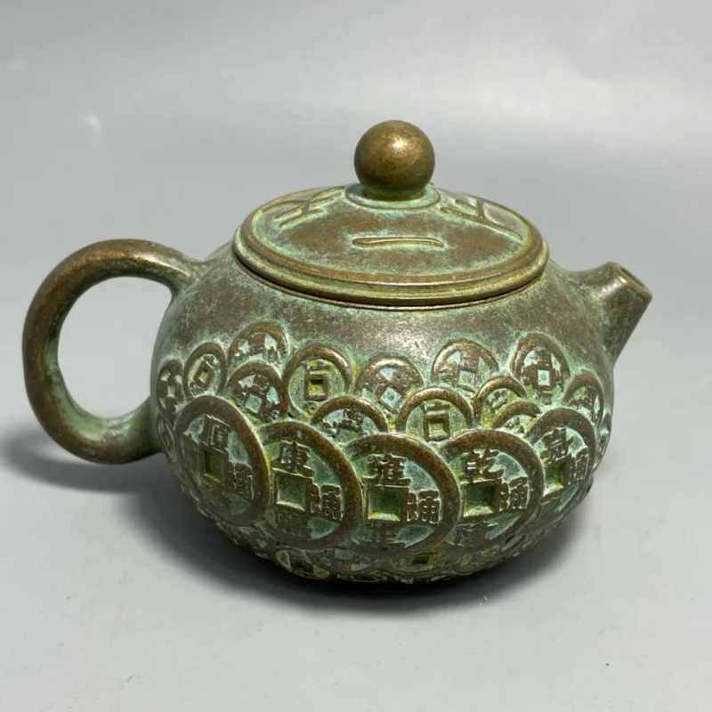 Antique Pure Copper Unifying the World Teapot Kettle Back Tianzi Wan Nian Green Rust Patina Money Pot Home Decor