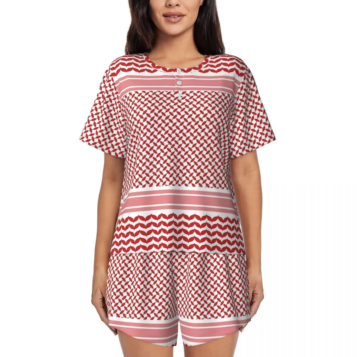 

Jordanian Shemagh Design Round Neck Short Sleeve Nightgowns for Sleeping Sleepshirts Women Soft Pajama Set Short Pants