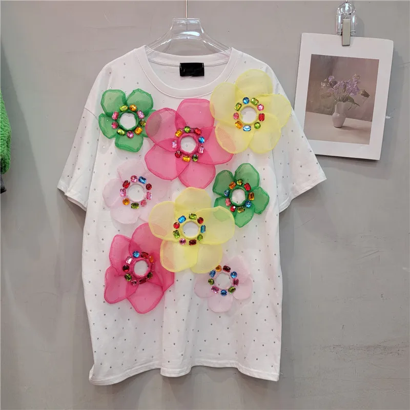 Women Stars Hot Drilling Diamonds Beaded 3D Flowers T-shirts Crystal Floral Tees Casual Short Sleeved Jumpers O-Neck Crop Tops