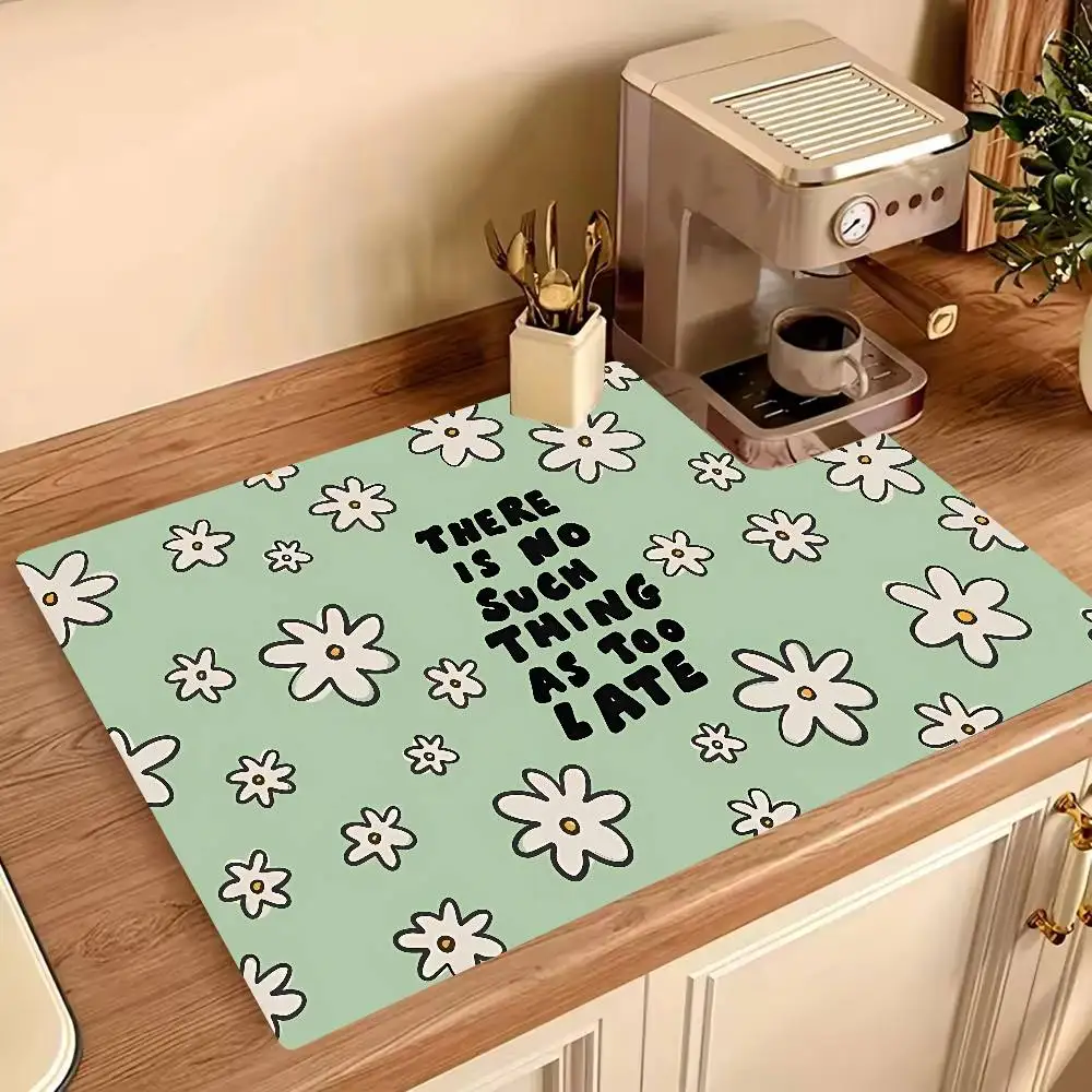 Green Art Abstract Pattern Dish Drying Mat Super Absorbent Quick Dry Kitchen Drain Pad Non-Slip Countertop Protector Reusable