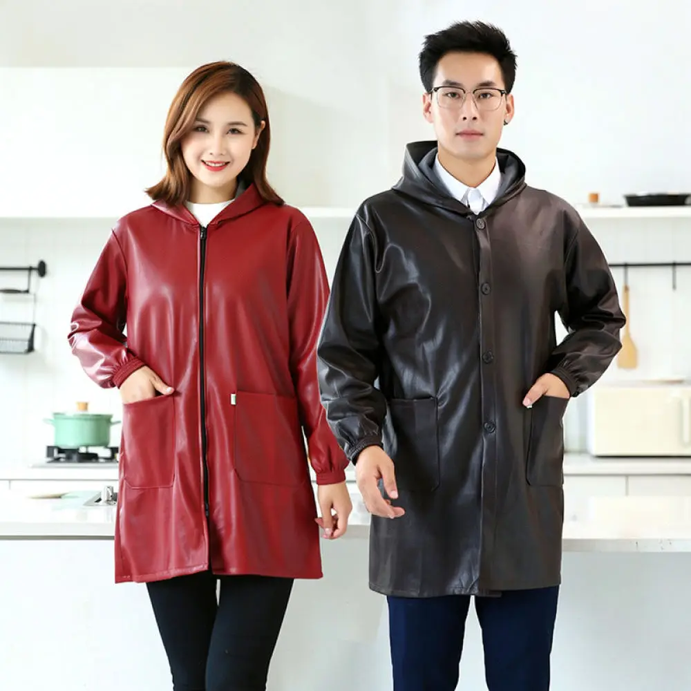 Unisex Kitchen Work Apron Waterproof PU Leather Long Sleeve Smock Oil Resistant Cleaning Bib Durable Soft Thickened Clothing
