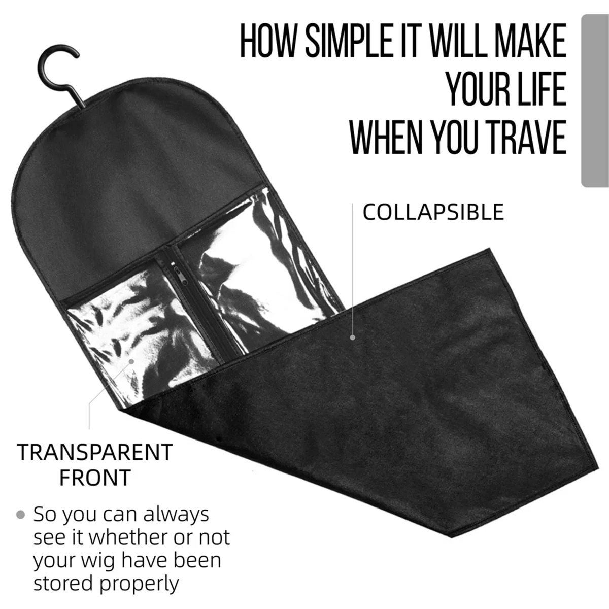 AT17 3 uds colgador de peluca Extra largo y bolsas de almacenamiento, soporte para extensiones de cabello a prueba de polvo e impermeable, diseñado para pelucas negro