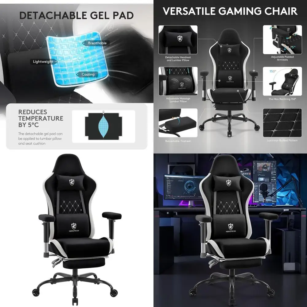 

Игровое кресло из дышащей ткани с подставкой для ног, массажной поясничной опорой, гелевой подушкой, эргономичным механизмом откидывания, регулируемыми подлокотниками, черное