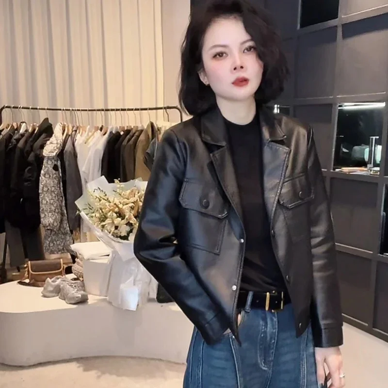 Women's Fashion Motorcycle Leather Jacket New 2025 Spring Autumn Leather Suit Coat  Short Casual Coat Female Outerwear Top