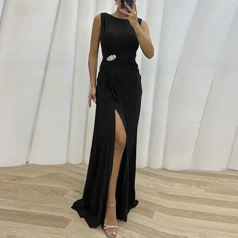 2023 ผู้หญิงแฟชั่น Maxi ชุดหญิง O-คอชุดราตรี Vestido ใหม่ผอมเย็บจีบ Slit ชุดลําลอง
