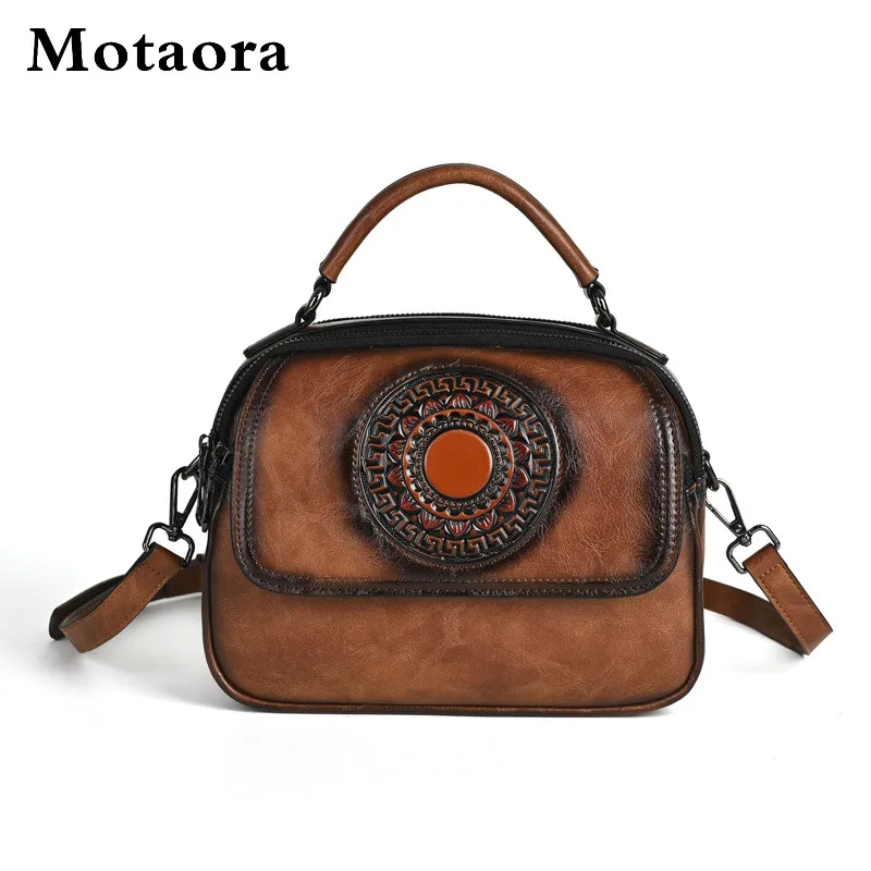 

MOTAORA Vintage Handmade Leather Shoulder Bag for Women, Retro Embossed Totem Crossbody Purse, Adjustable Strap Ladies Handbag