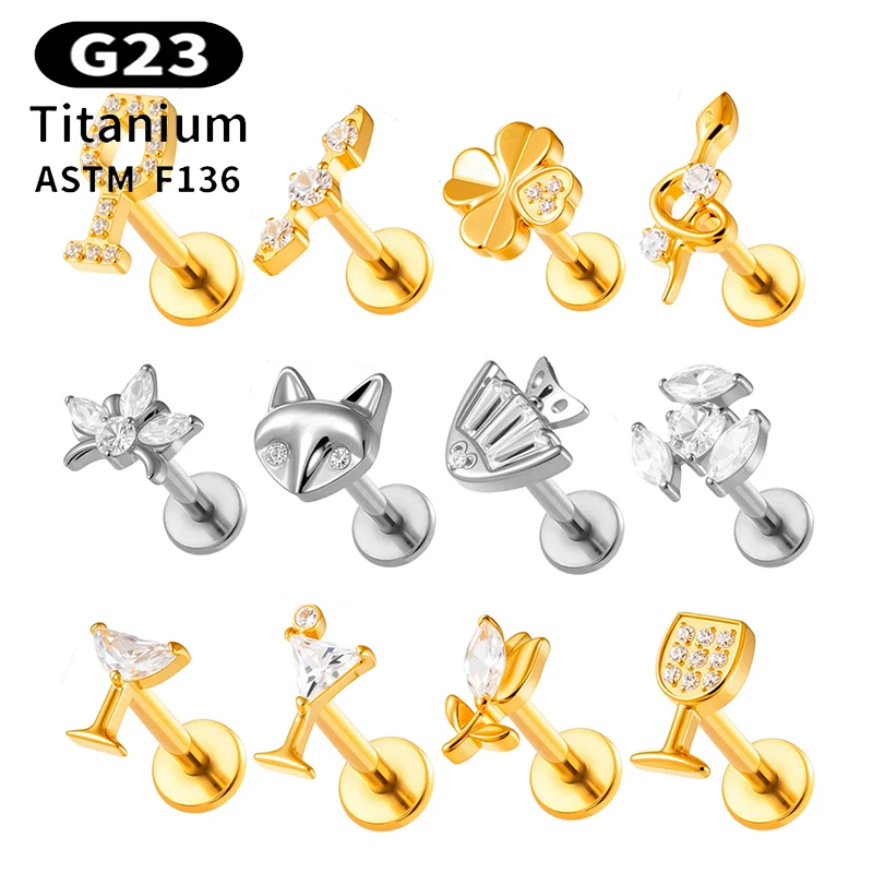 1PC G23 Titanium Internal Thread Flat Back Labret Stud CZ Cartilage Tragus Stud Earring Helix Piercing Earlobe Piercing Jewelry
