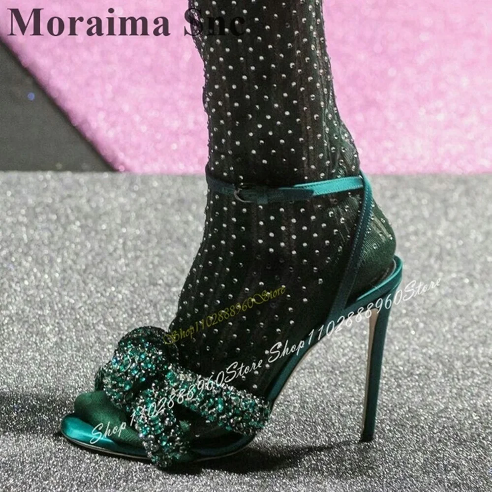Bling Green Crystal String Beads Bowknot Sandals Thin High Heel Women Shoes Ankle Buckle Strap Open Toe Cawalk Women Sandals