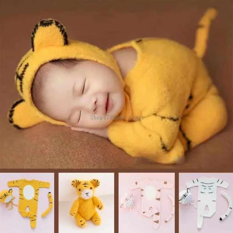 Newborn Photography Props Baby Romper Hat for Doll Tail Infants Photo Cap Jumpsuit Bodysuit Clothes