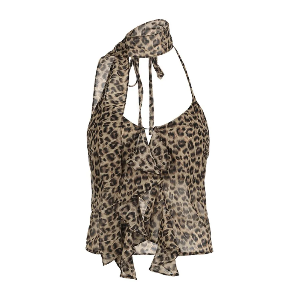 

Fashion Irregular Leopard Crop Top Bottoming Shirt Ins Halter Cheesy Tops Vest Female Clothing Leopard T-Shirt Women Summer
