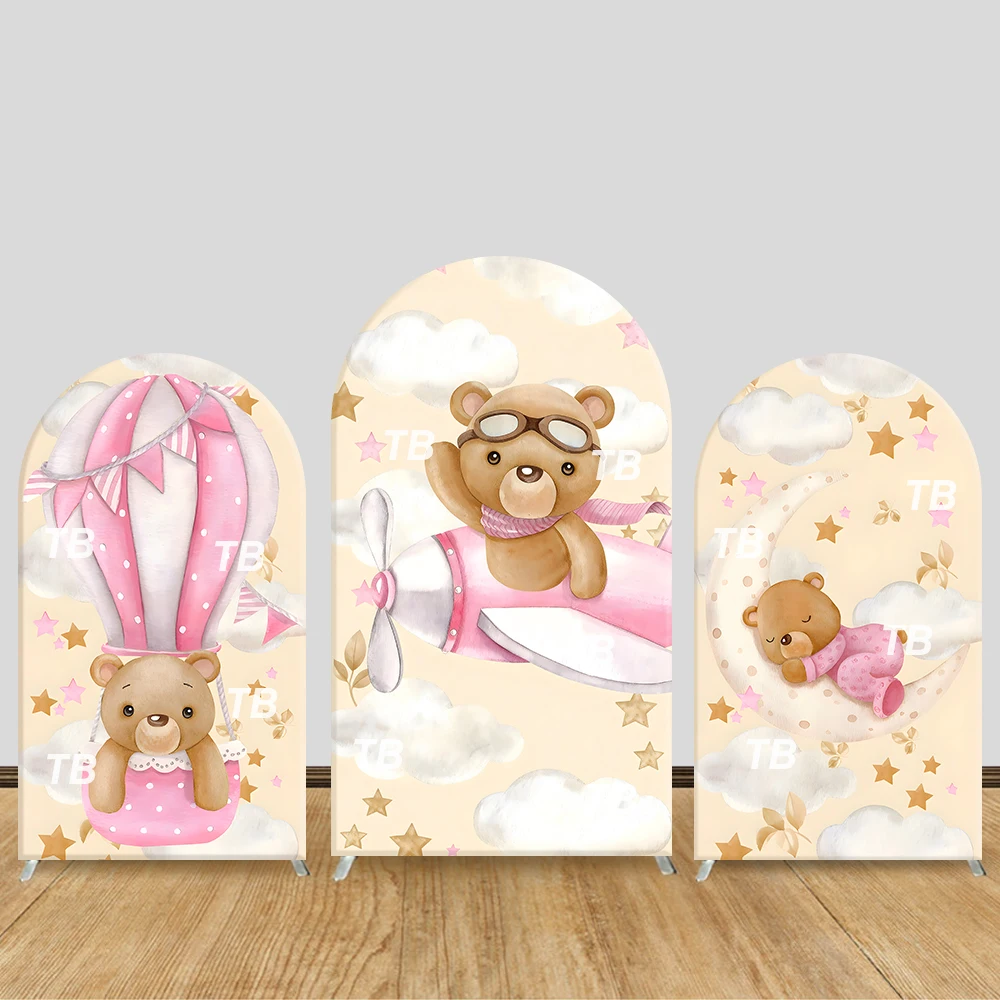 

Pink Pilot Bear Arch Backdrop Cover Hot Air Balloon Moon Theme Party Decor Photo Booth Background Girls Baby Shower Birthday