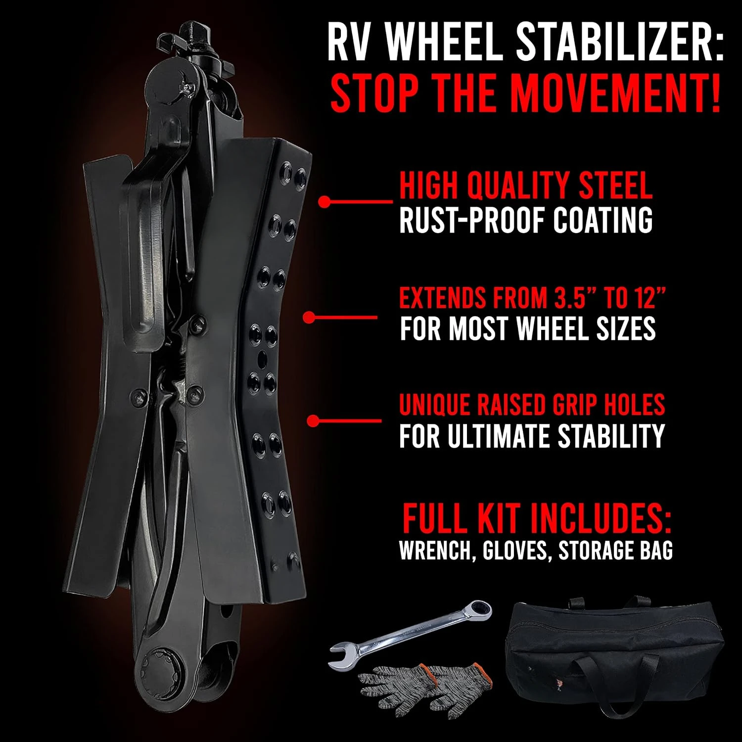 X-Chock Wheel Chock Stabilizer | RV Tire Movement Preventer with Non Slip Grip Holes | Set comes with Bag, Wrench an