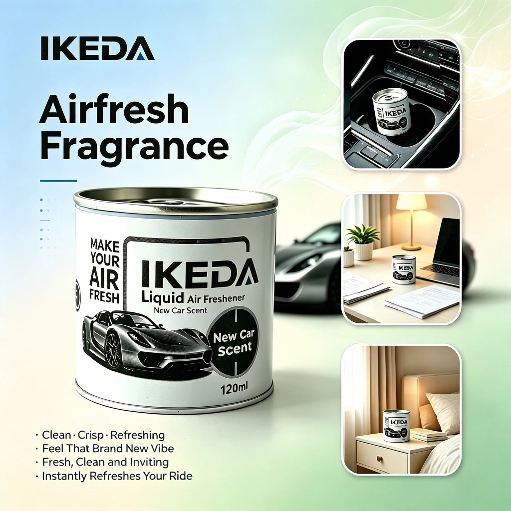 Ambientador Líquido IKEDA de 120 ml con Aroma a Auto Nuevo, Potente Desodorante para Auto, Elimina Olores de Cigarrillos y Mascotas, Frescura Continua